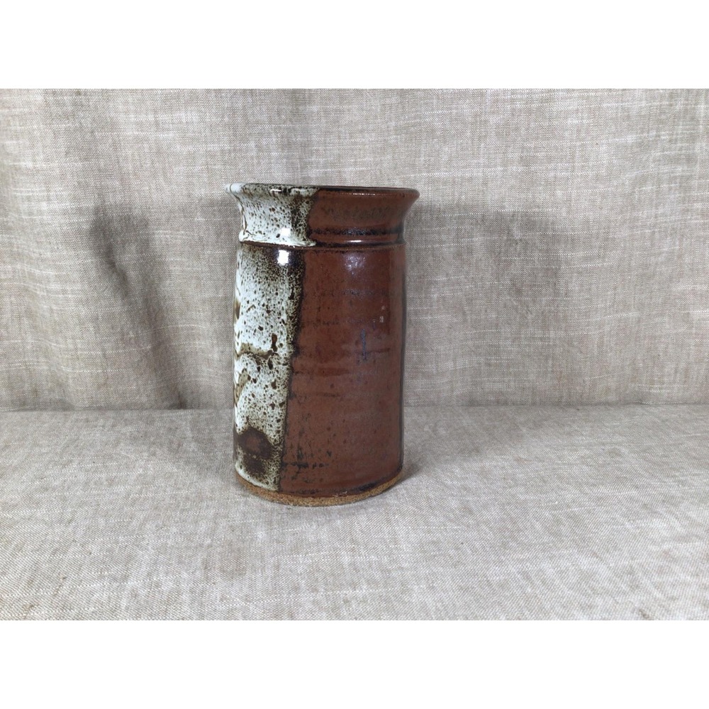 Vintage Studio Pottery Vase, Brown White Drip Glaze Stoneware 7.5in